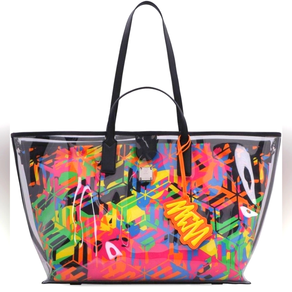 NWT MCM Portuna Medium Clear Graphic Logo Aren Cube Leather Trim Shopper Tote